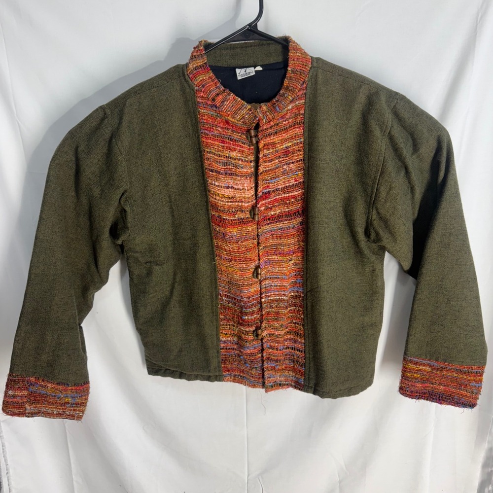 Ganesh Himal Jacket Womens XL Green‎ Multi Woven Cotton Handmade Nepal Toggle